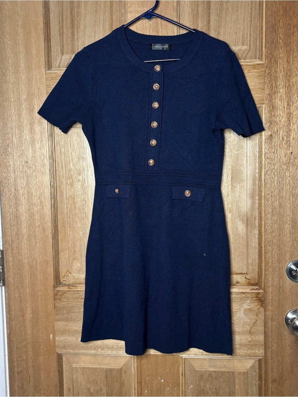 Merokeety womens Navy Short-Sleeve Button-Front Knit Dress size M